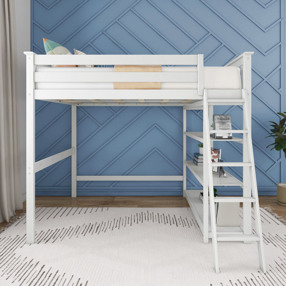 Max & Lily High Loft Bed with Desk and Bookcase, White Solid Wood Frame for Kids and Teens Max & Lily