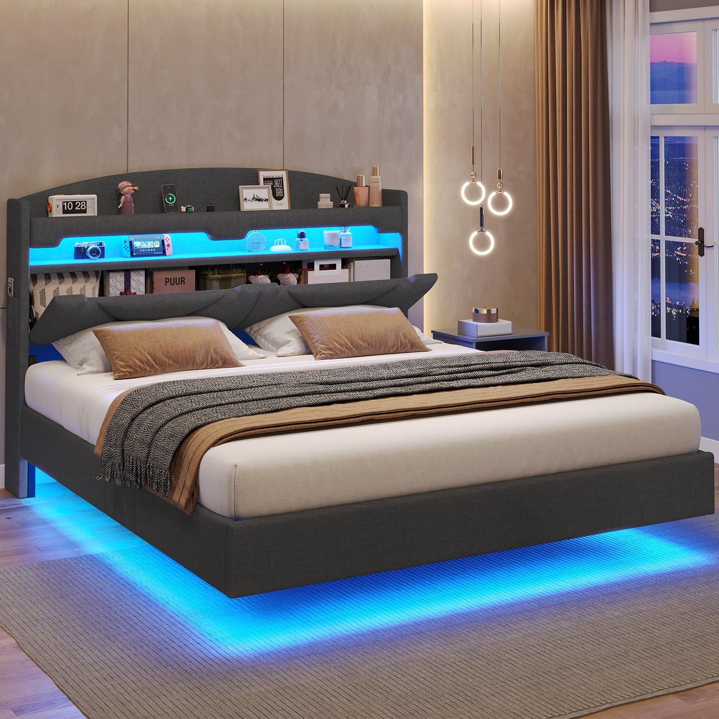 BTHFST Dark Grey Floating Queen Bed Frame with Charging Station, Hidden Storage, and RGB Lighting - WoodArtSupply