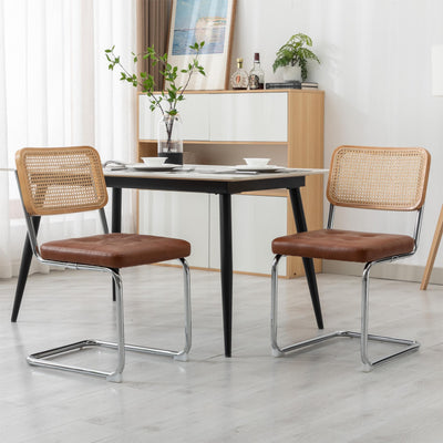 KCC Mid Century Modern Dining Chairs Set of 2, Faux Leather Rattan Dining Room Kitchen Side Chairs with Metal Legs and Upholstered Seat for Dining Room, Living Room, Bedroom,Brown