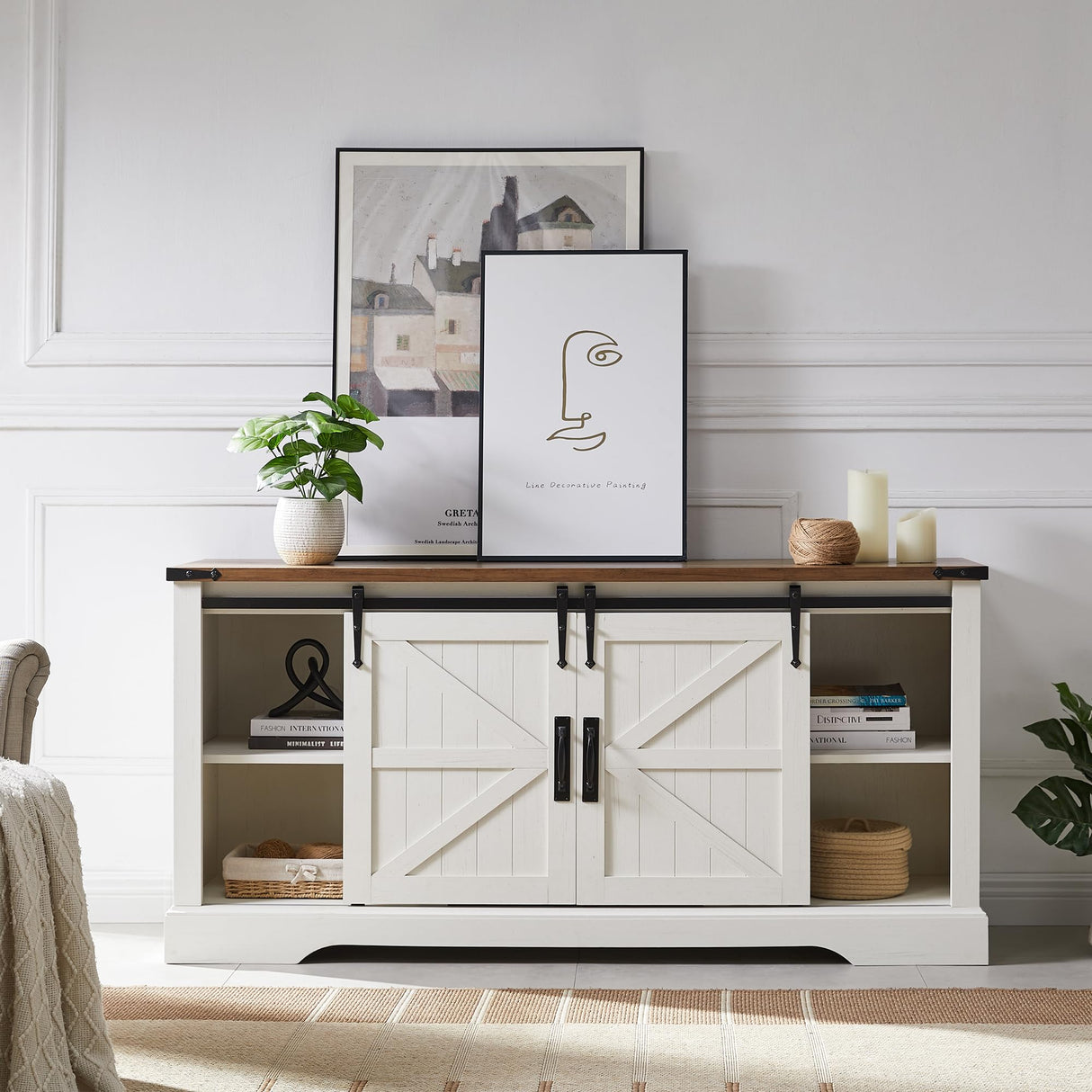 OKD Farmhouse Electric TV Stand for 65+ Inch TV, Rustic Entertainment Center with 18" Fireplace, Sliding Barn Door, Storage Shelves, Wood Media Console Cabinet for Living Room, Antique White OKD