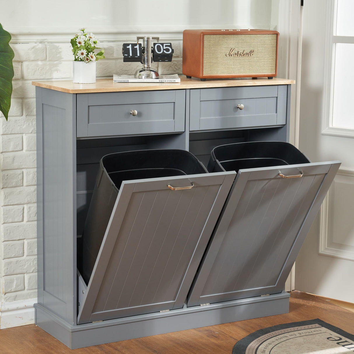 AHB Double Tilt Out Trash Cabinet Kitchen Trash Bin Cabinet 2x13 Gallons Free Standing Recycling Trash Can Cabinet with Hideaway Drawers Pet Proof Trash Can Holder for Kitchen Living Room, Grey AHB