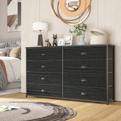 Furnulem Wide Dresser with 8 Fabric Drawers, TV Entertainment Center with Storage for 55'' TV, Large Chest of Drawers for Bedroom, Living Room, Dorm, Closet, Entryway, Wood Top (Black Oak) Furnulem