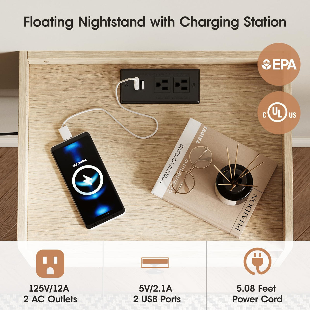 Natural Floating Nightstand Set of 2 with Charging Station and Storage Drawer Wall Mounted Bedside End Table Wood Modern Night Stand for Bedroom Nightstands Set 2 Natural HOSEOKA