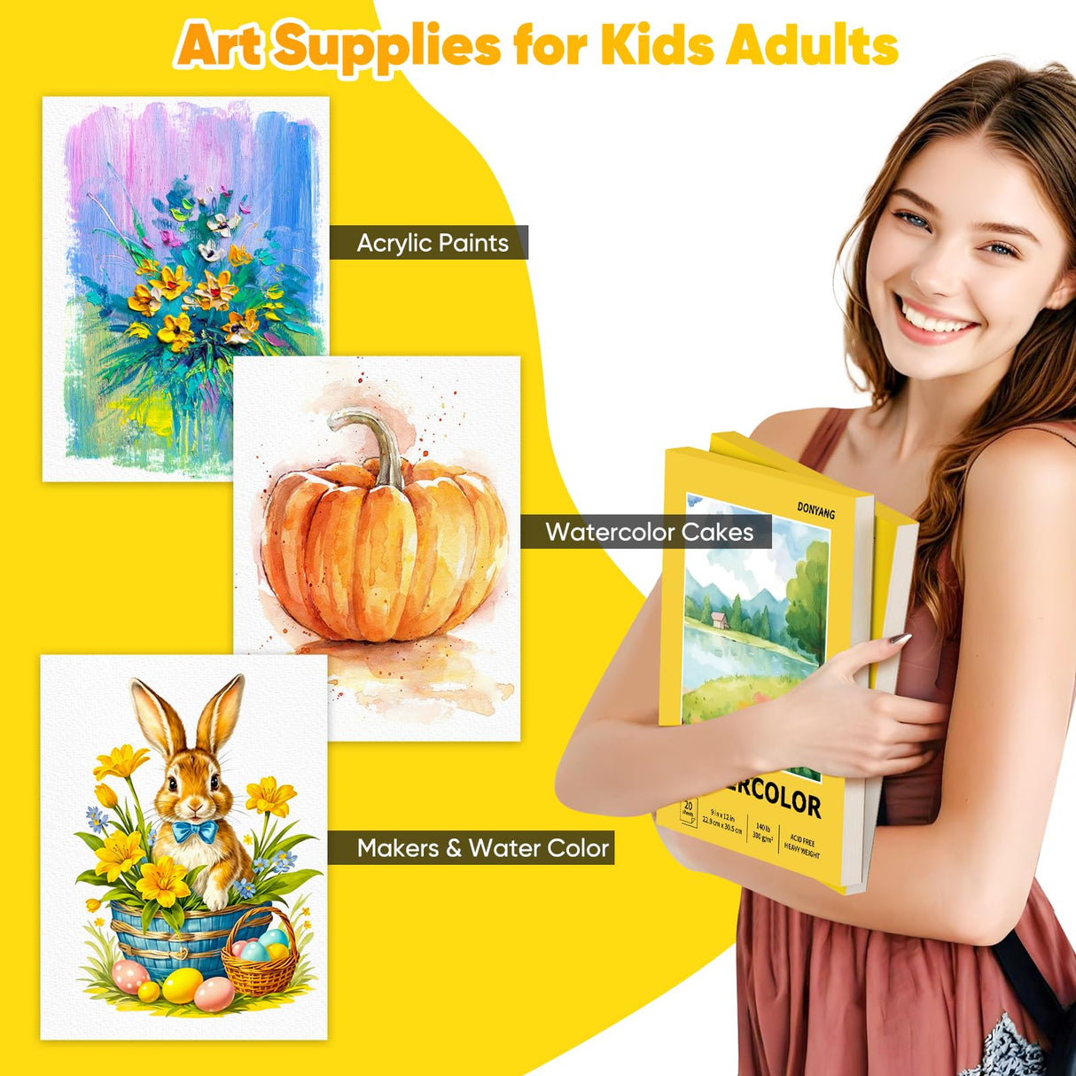 Watercolor Paper Pad, 9"x12" Water Color Paper, Easter Gifts, 20 Sheets Artist Drawing Sketch Book, 140lb/300gsm Art Supplies for Kid Adult, Watercolor Paint Set, Canvas Painting, Journal, Class Stuff Donyang