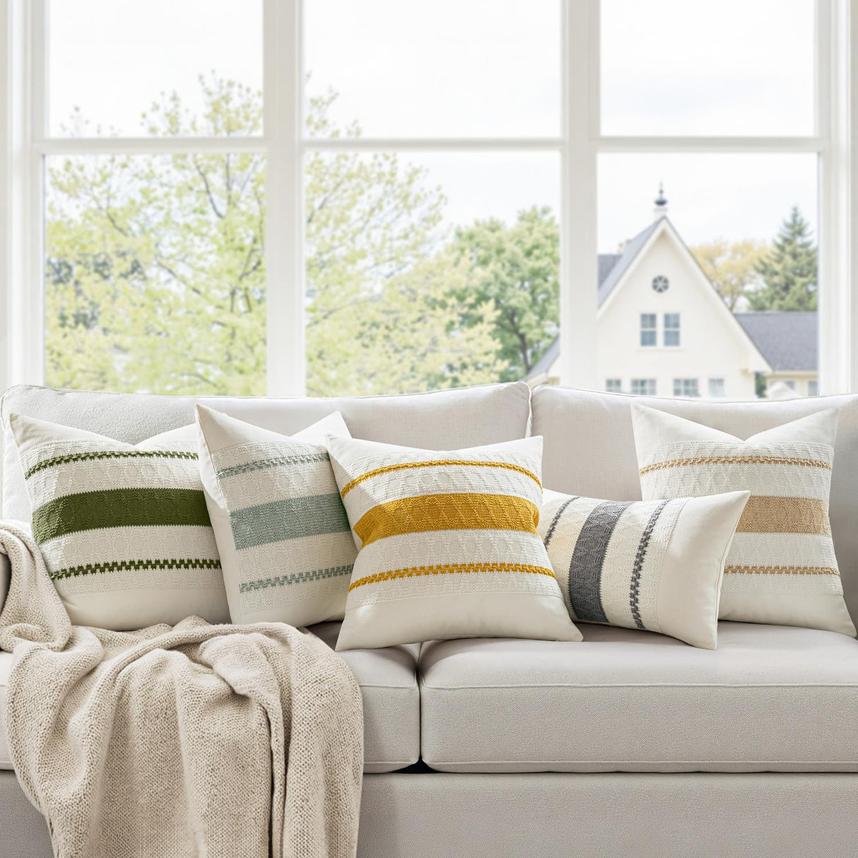 Woaboy Set of 2 Decorative Pillow Covers Boho Farmhouse Couch Throw Pillows Modern Cotton Cushion Covers Macrame Woven Spring Home Decor for Bed Sofa Chair 18x18 Inch Sage Green Woaboy