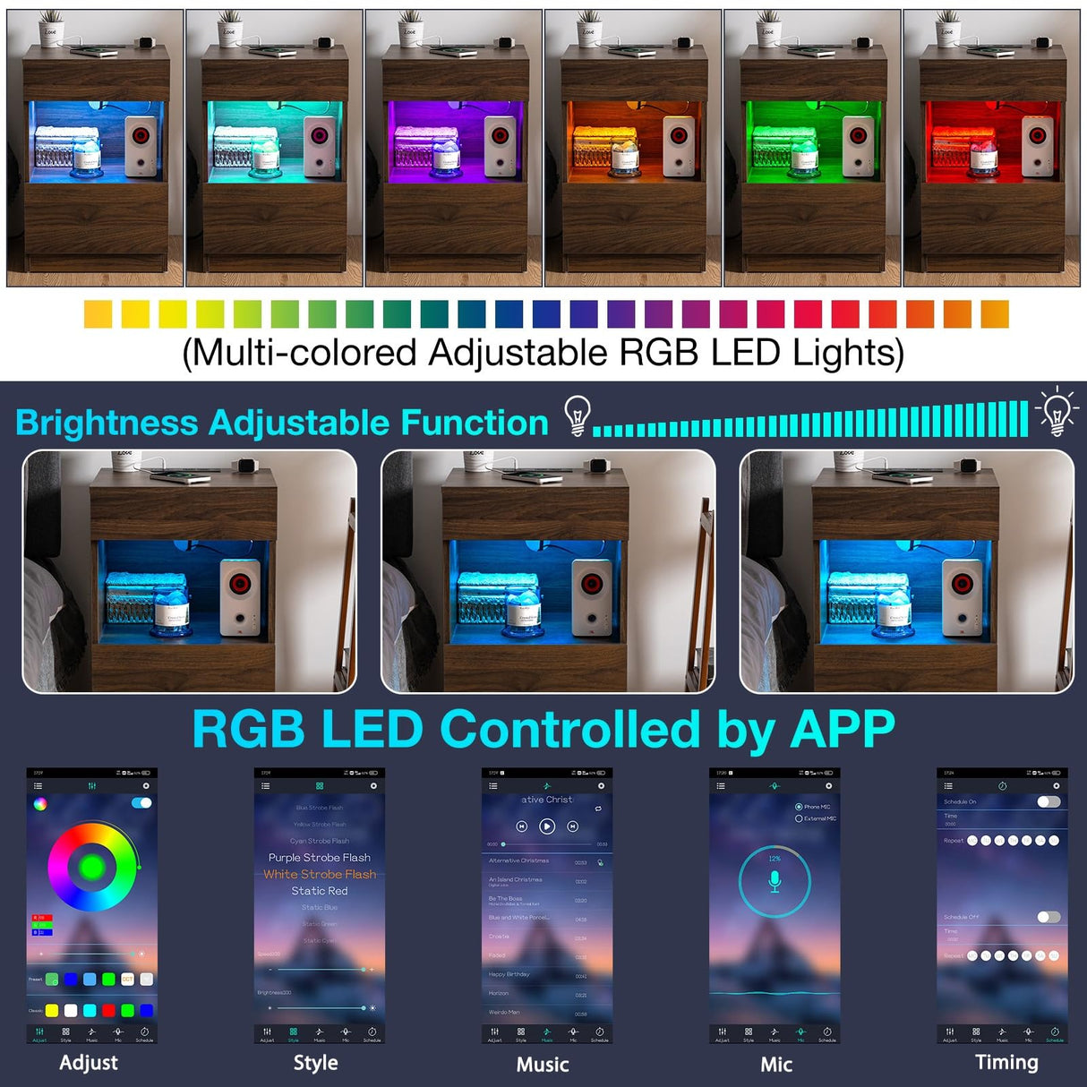 HOMMPA Set of 2 Open Shelf LED Nightstands with Charging Station Dark Walnut 2 Drawers Bedside Table with Led Light Smart Night Stand with Storage Wood Night Table Mid Century for Bedroom Furniture HOMMPA