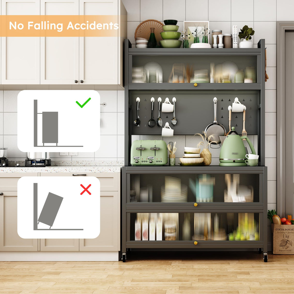 5 Tier 63" Metal Kitchen Storage Cabinets with 10 Hooks,Microwave Stand,Kitchen Storage Rack for Home, Office,Pantry White Wohh