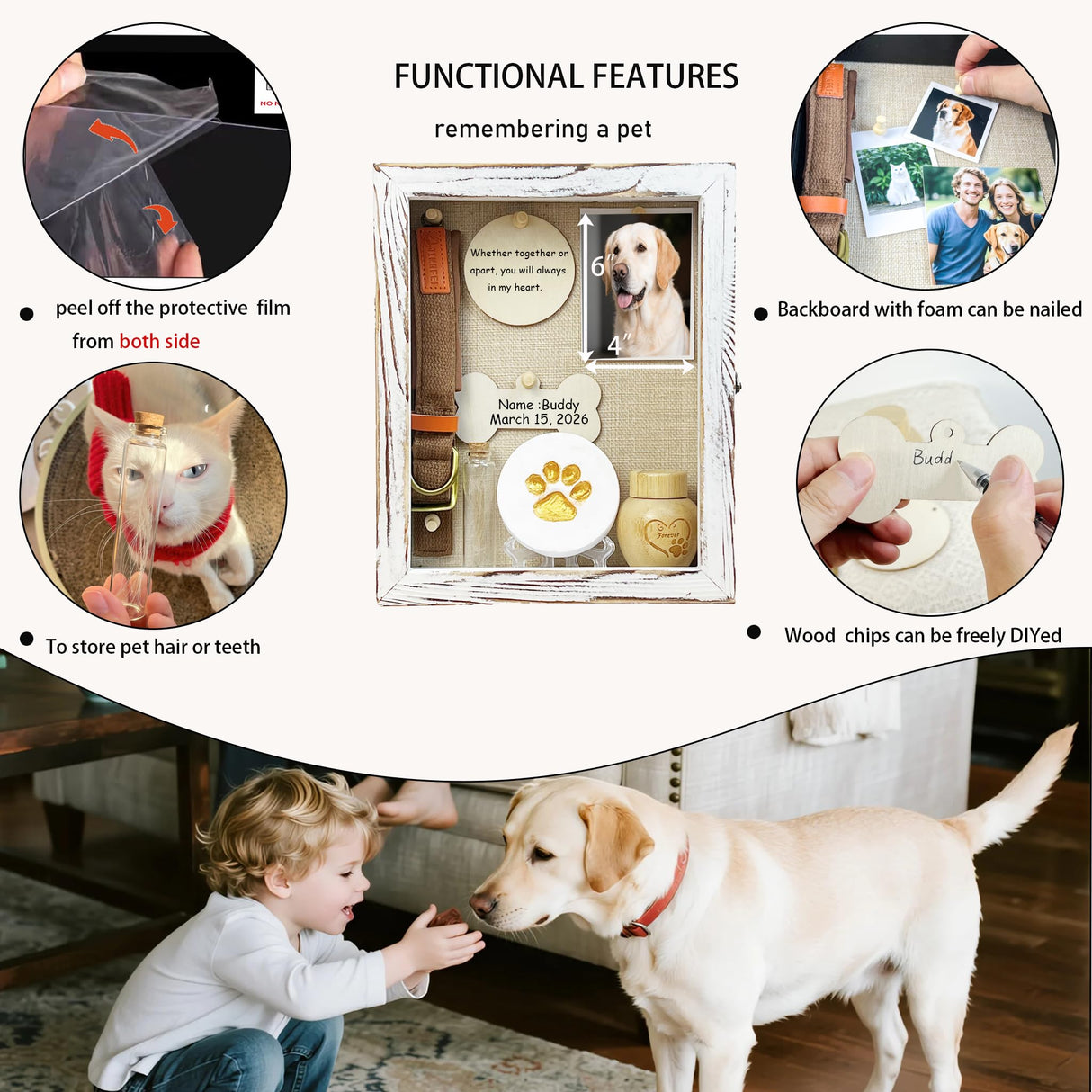 Houstimi 8x10 Pet Memorial Shadow Box Frame Paw Print Kit Solid Wood Pet Frame White Dog Memorial Gifts for Loss of Dog Houstimi