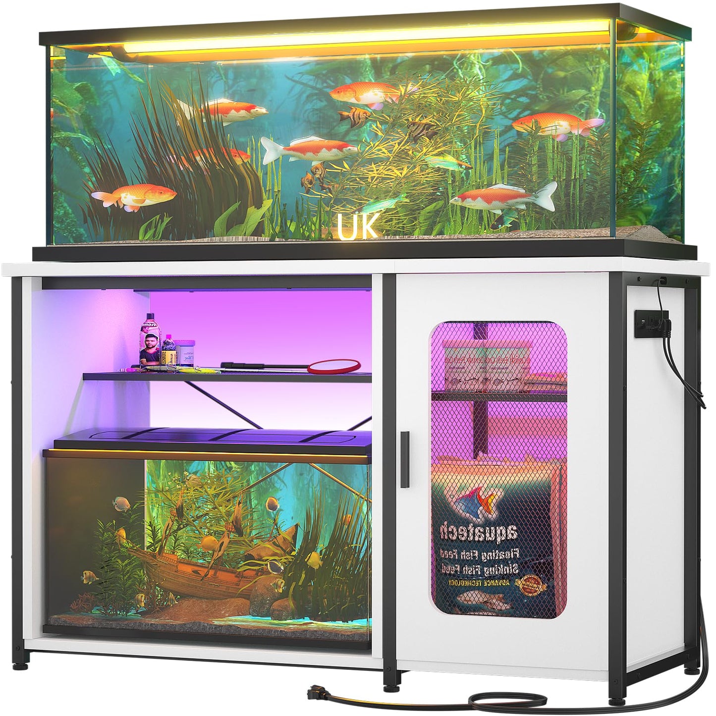 Unikito 55-75 Gallon Aquarium Stand with Power Outlets & LED Light, Reversible Fish Tank Stand with Cabinet for Fish Tank Accessories Storage, Heavy Duty Metal Frame, 880LBS Capacity, White