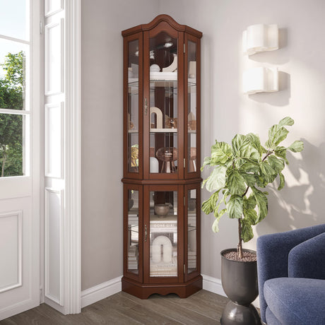 BELLEZE Lighted Corner Display Curved Top Curio Cabinet Wooden Shelving Unit with Tempered Glass Door, Bar and Liquor Storage Area with 5 Shelves - BELLEZE