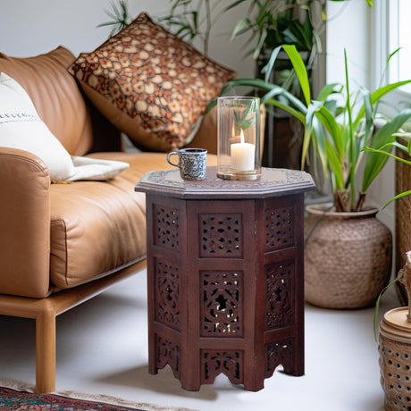 COTTON CRAFT Solid Wood Accent End Table - Hand Carved Vintage Boho Folding Side Table - Small Spaces Entryway Farmhouse Living Room Bedside - No COTTON CRAFT