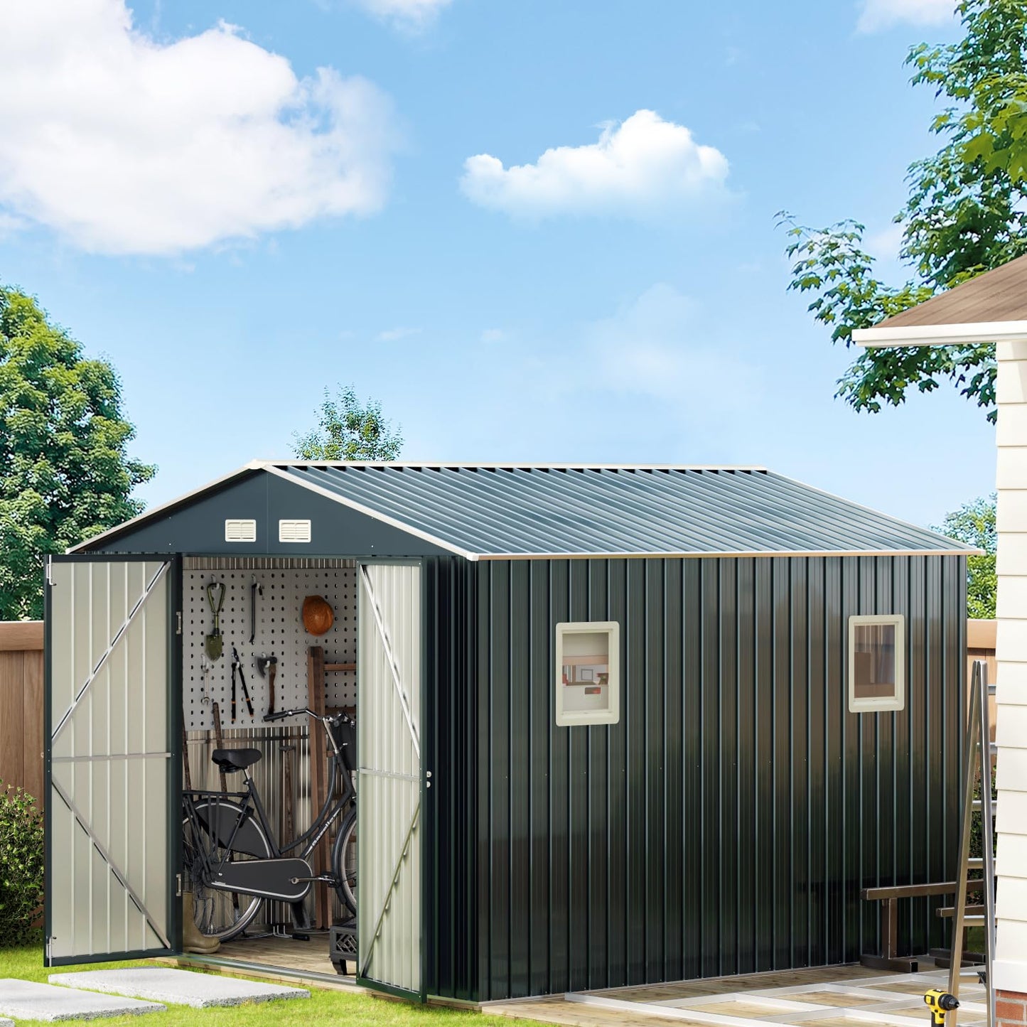 MistMo 10X10X7.5 FT Outdoor Steel Storage Shed with Lockable Doors, 2 Windows, Frame Floor (No Wood/Other Boards), Ideal for Garden, Backyard, Patio Storage - WoodArtSupply