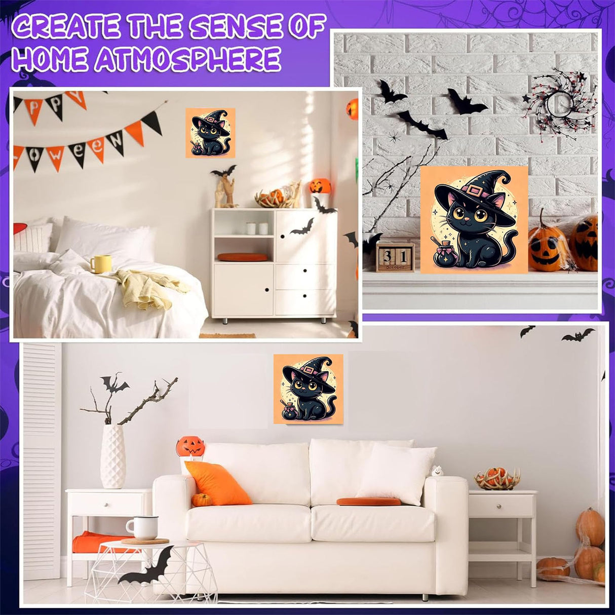 Halloween Paint by Numbers Kit for Kids with Frame - Cat Paint by Number for Kids, Halloween Kid Painting by Number Kits Age 5-8 for Home Wall Decor 8X8inch (with Wooden Easel) ajepon