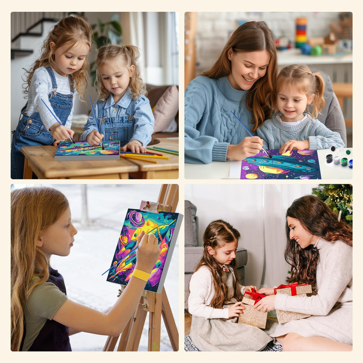 MXJSUA 4 Pack Cartoon Rocket Ship Paint by Numbers Kit with Framed Canvas for Ages 6-12 Kids, Paint by Numbers Kits for Children Beginners, Acrylic Oil Painting for Home Wall Decor Gift (8x8 inch) MXJSUA