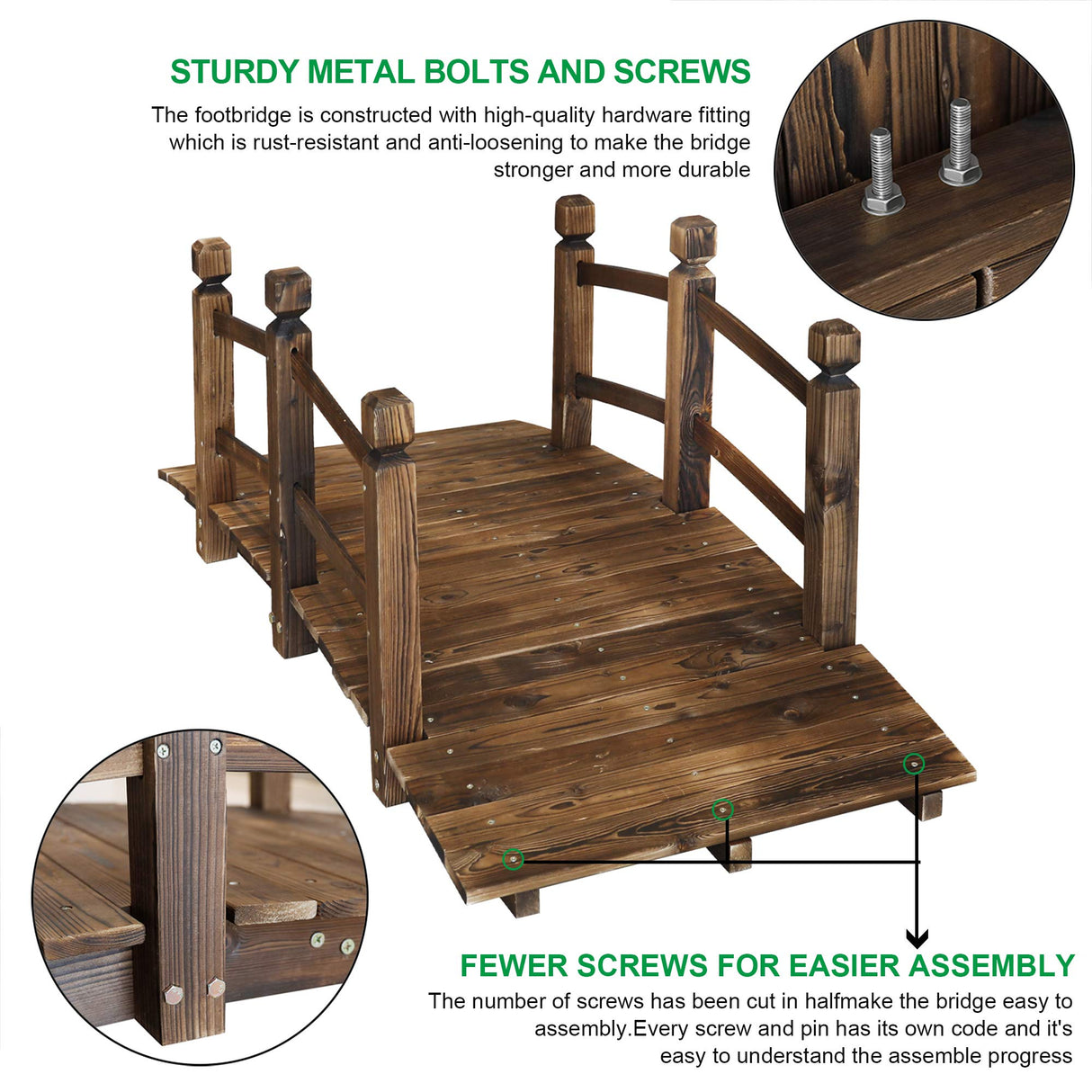 5FT Wooden Garden Bridge Arch Stained Finish Footbridge Decorative Backyard Bridge with Double Safety Railings Outdoor Lawn Pond Bridge Walkway for Garden Yard Patio Courtyard Farm Stream Creek RELIANCER