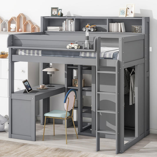 Merax Grey Twin Loft Bed with Under-Bed Desk, Wardrobe, and Storage Cabinets - WoodArtSupply