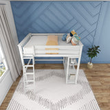 Max & Lily High Loft Bed with Desk and Bookcase, White Solid Wood Frame for Kids and Teens Max & Lily