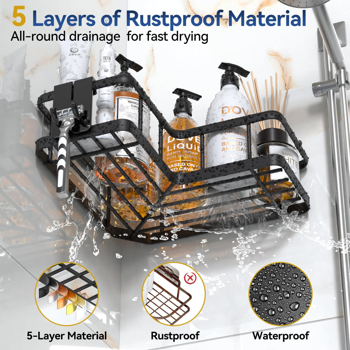 YASONIC Corner Shower Caddy Organizer, 5-Pack Adhesive Rustproof Stainless Steel Shower Shelves with Soap Holder, No Drilling Shower Storage Rack for Family Renters Bathroom, Black YASONIC