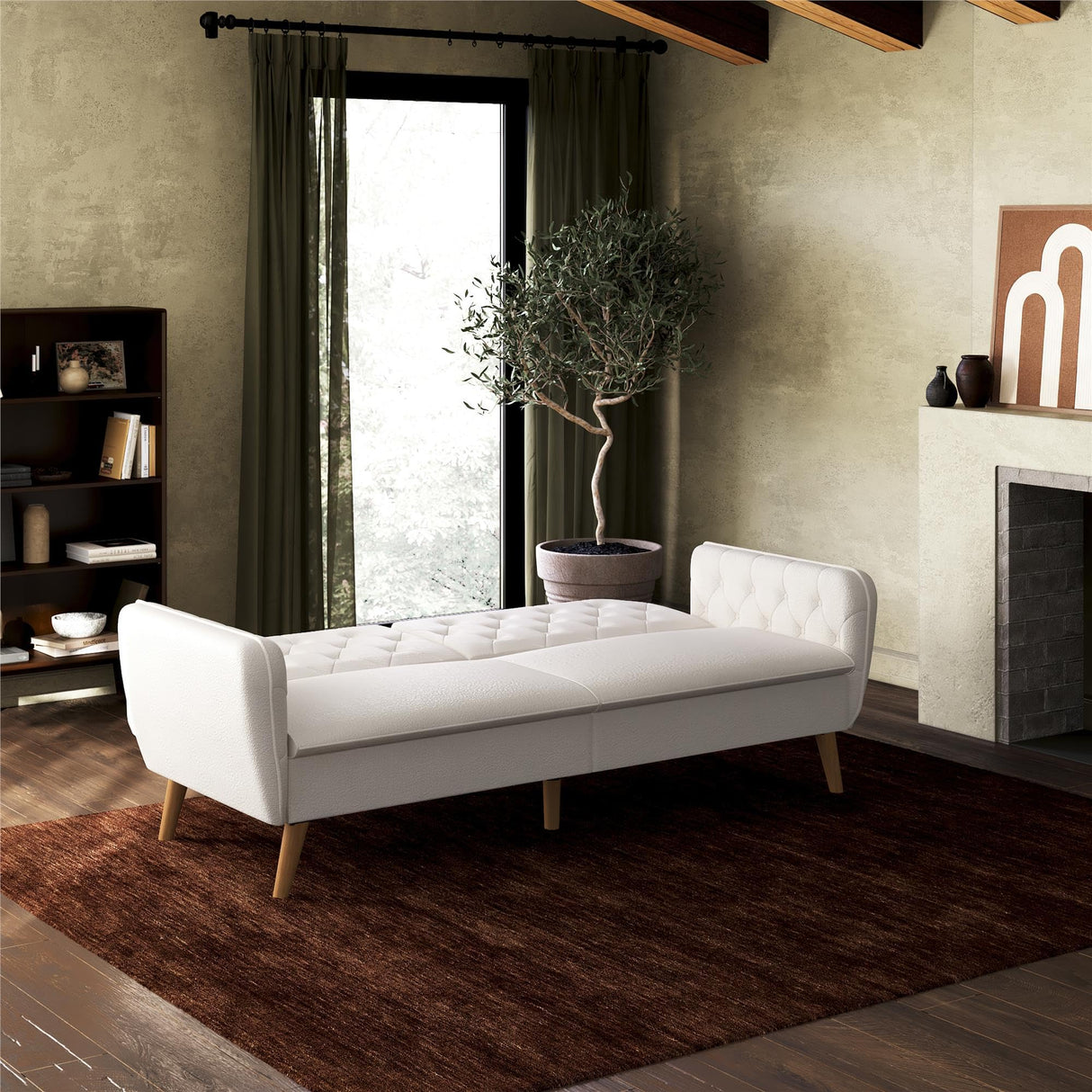 Novogratz Tallulah Memory Foam Futon Couch Bed, Futon Sofa Bed - Ivory Boucle Novogratz