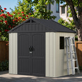 Greesum 8×6 FT Plastic Outdoor Storage Shed with Floor, Resin Sheds with Window and Lockable Door, Weather Resistant Organization for Garden, Lawn, Pool Supplies, Beige Greesum