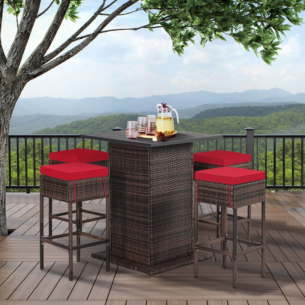 RELAX4LIFE 5-Piece Weatherproof Red Wicker Bar Set with Storage & Cushions for Outdoor Dining RELAX4LIFE