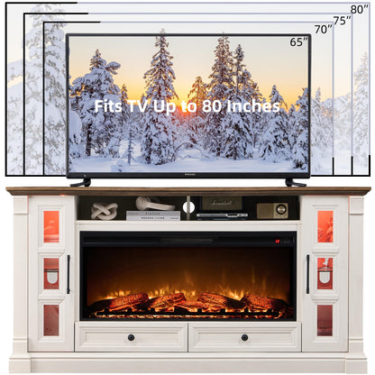 OKD Fireplace TV Stand for up-to-80 TV, Farmhouse 36" Tall Entertainment Center with 42" Electric Fireplace, Media Console with Glass Door Cabinets & Drawers for Living Room, Antique White