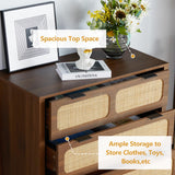 LEVNARY 5 Drawer Chest Dresser, Rattan Tall Dresser 5 Chest of Drawers for Bedroom, Wood Storage Cane Cabinet with Metal Handles, for Living Room, Hallway, Nursery (Walnut) LEVNARY