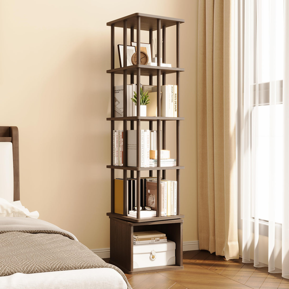 IOTXY 5-Tier Rotating Bookshelf Tower - Beech Wood Frame Spinning Bookcase with Storage Base, Tall Freestanding Revolving Shelf Organizer, Walnut IOTXY