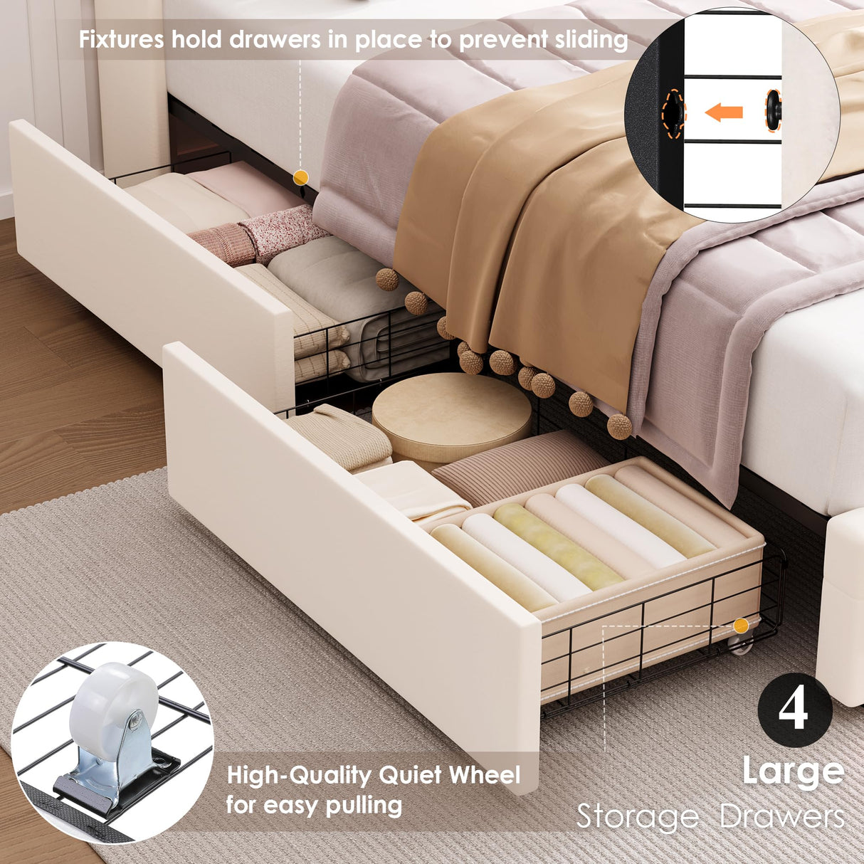 HIFIT Set of 2 Upholstered Twin Size LED Bed Frame with Charging Station & 4 Storage Drawer, Velvet Crystal Button-Tufted Wingback Headboard, Girls Twin Platform Bed Frame for Kids with Storage, Beige HIFIT