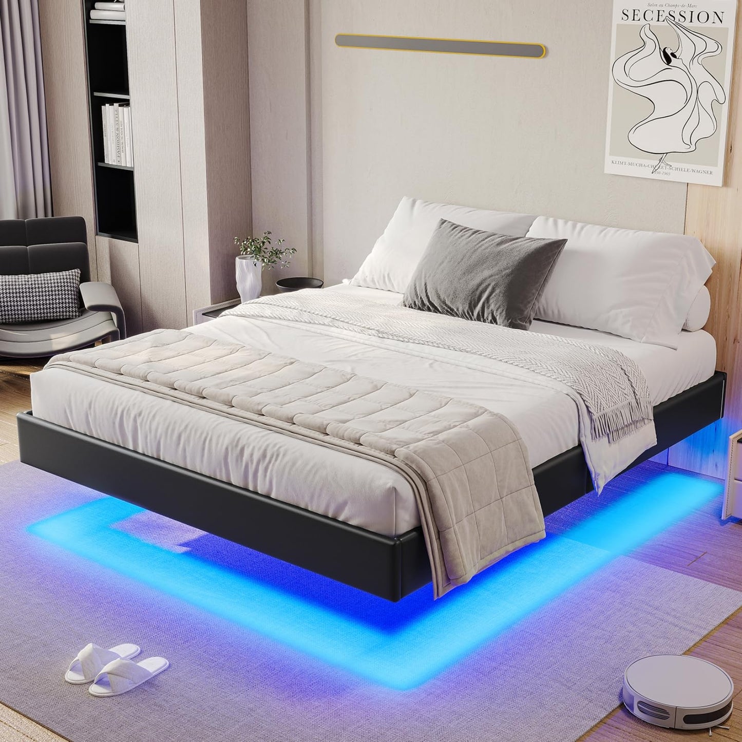 Hasuit Black California King Floating Bed Frame with LED Lights - WoodArtSupply