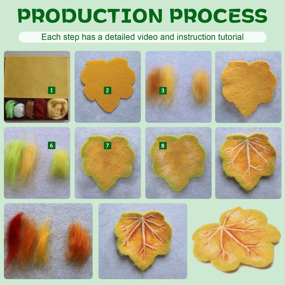 OEHPICC Needle Felting Kit, 6 PCS Plant Leaf Coasters Needle Felting Starter Kit,Wool Felting Kit with Wool Roving, Foam Pad and Instructions for DIY Felting Starters OEHPICC