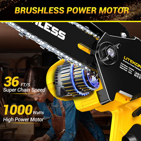 Cordless Mini Chainsaw, 1000W High Power Brushless Power Chainsaw, 2025 Upgraded 6 Inch Electric Chain Saw with 4000mAh Lithium-Ion Battery and Charger for Garden Yard Tree Branch Wood Cutting LITEKON