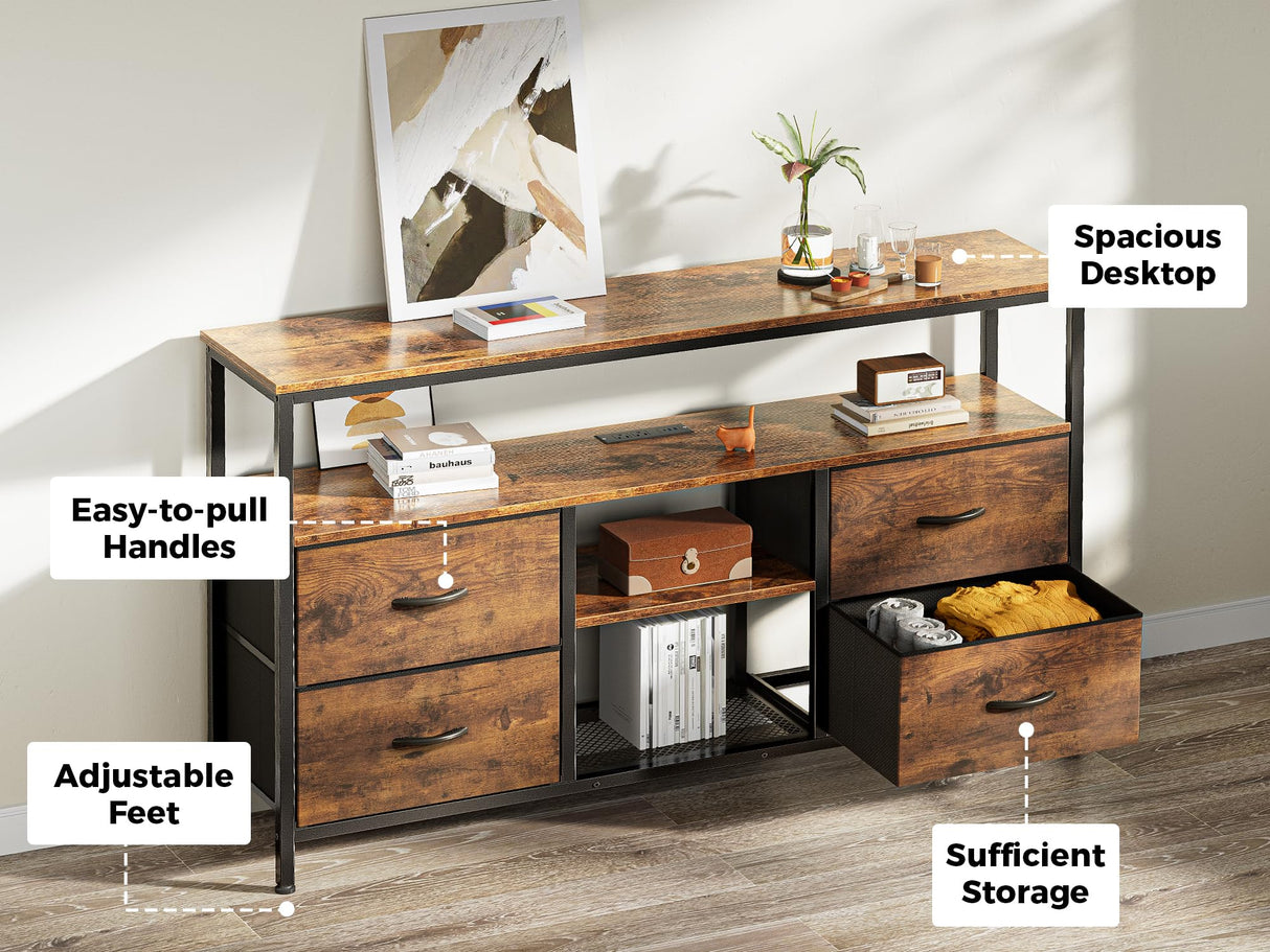 Huuger 47 Inch TV Stand Dresser with Power Outlets and LED Lights, Fabric Dresser for Bedroom, 4 Drawers Entertainment Center with Open Shelf, Media Console for 55 50 Inch TV, Rustic Brown Huuger