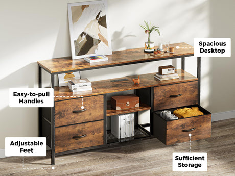 Huuger 47 Inch TV Stand Dresser with Power Outlets and LED Lights, Fabric Dresser for Bedroom, 4 Drawers Entertainment Center with Open Shelf, Media Console for 55 50 Inch TV, Rustic Brown Huuger
