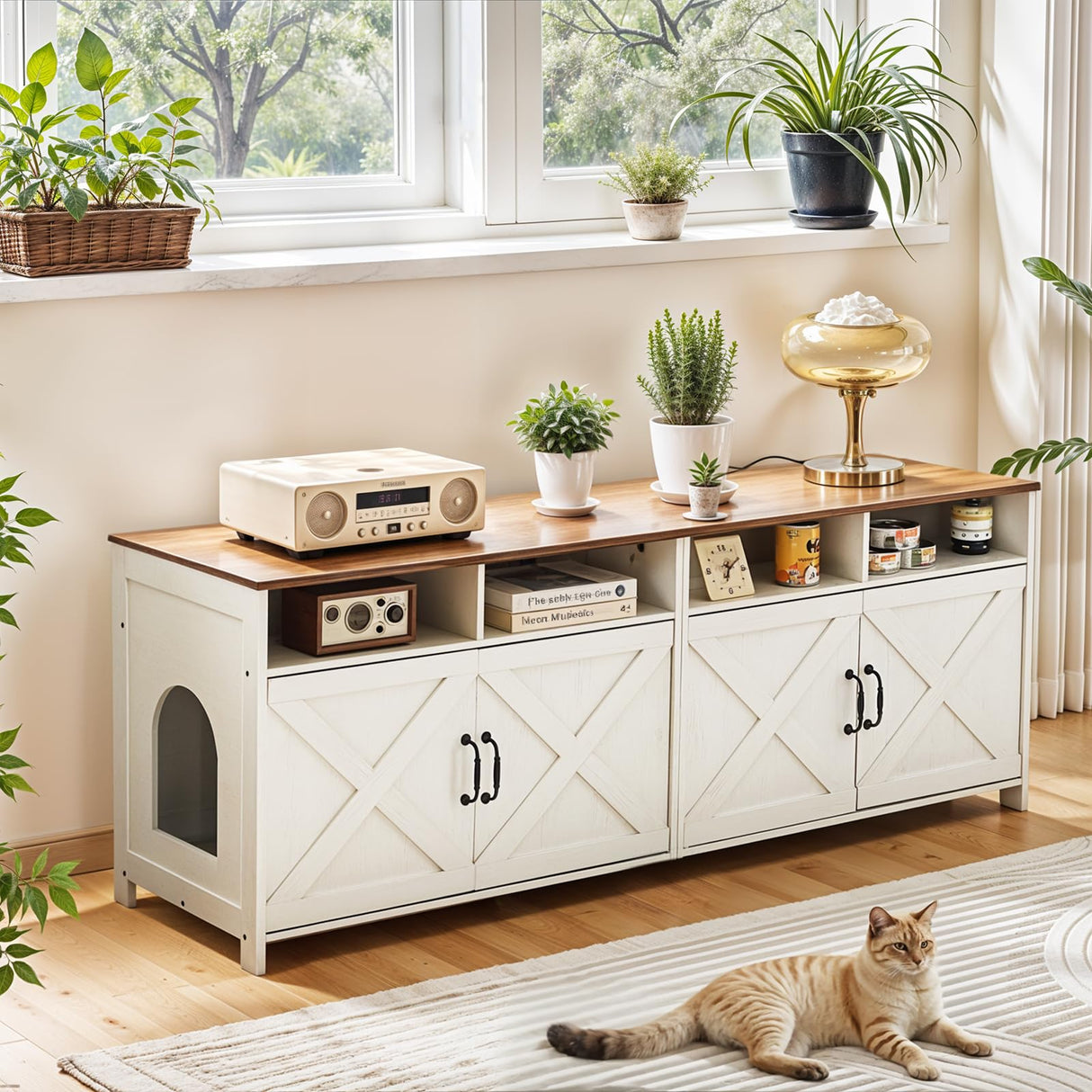 JanflyHome Double Cat Litter Box Enclosure for 2 Cats, 63" Hidden Litter Box Furniture with Outlet Power, Farmhouse Large Litter Box Cabinet TV Stand, 63 x 17.7 x 23.6 in, Antique White JanflyHome