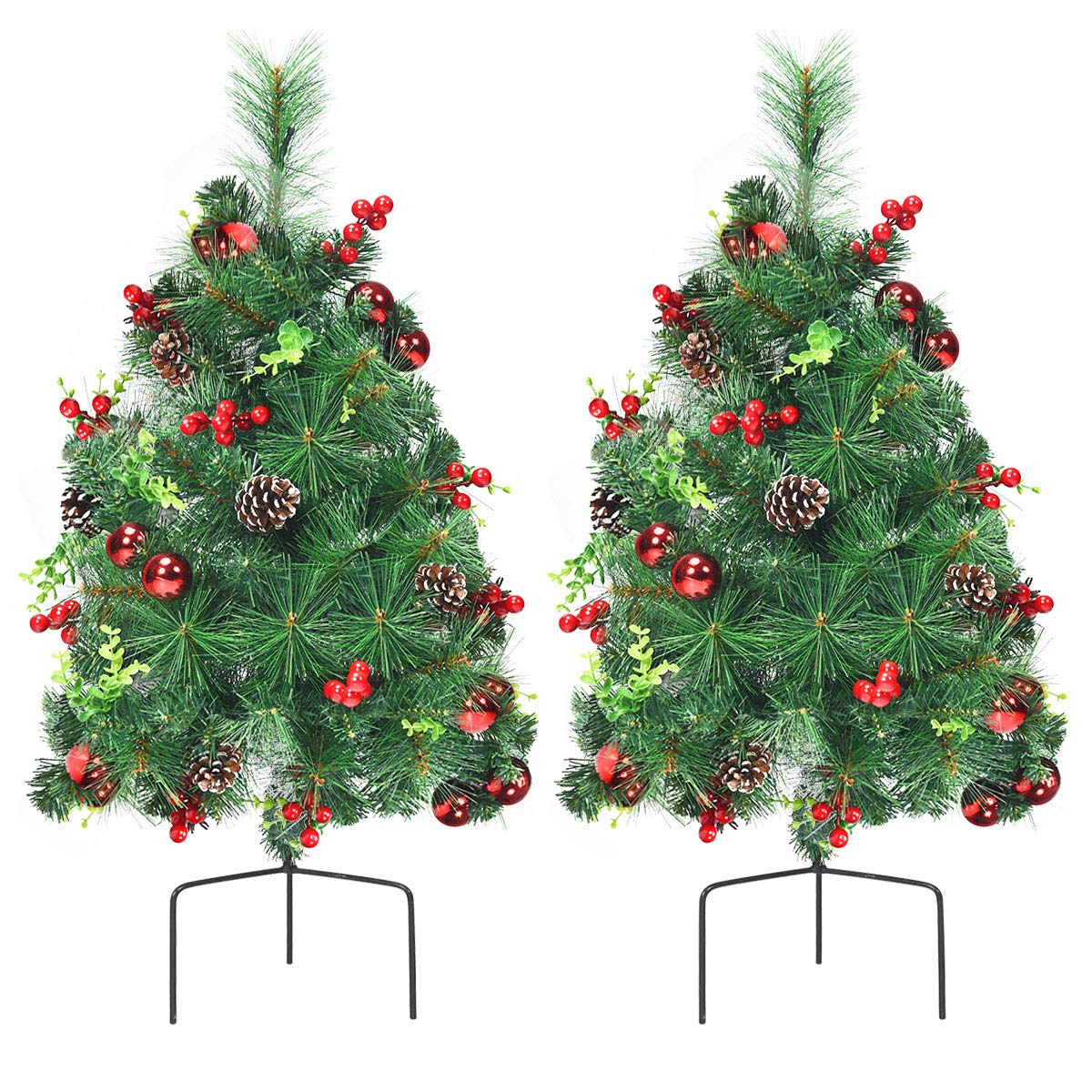 Goplus Set of 2 29" Outdoor Pathway Christmas Trees, Battery Operated Pre-Lit Artificial Xmas Trees with 30 Warm White LED Lights, 8 Flash Modes, Pine Trees for Porch Driveway Yard Garden Decor