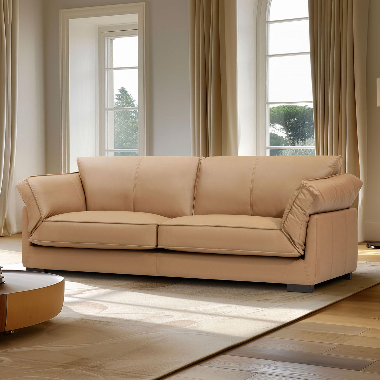 86.61-Inch Leather Sofa Couch, DREMODERN Mid-Century Modern Genuine Leather Couch with Extra Deep Seats for Living Room Apartment Office - Tan DREAMODERN