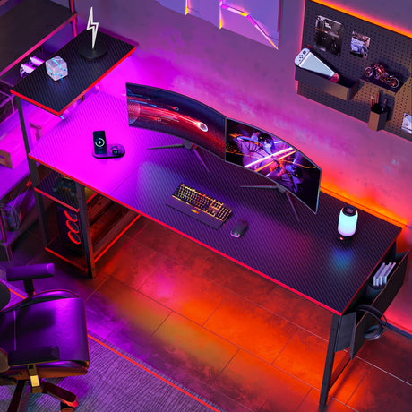 Bestier 61 Inch Gaming Desk with LED Lights, Reversible Shelves, Height Adjustable Shelf, Steel Frame, CARB P2 Class Board, Black Grained Bestier