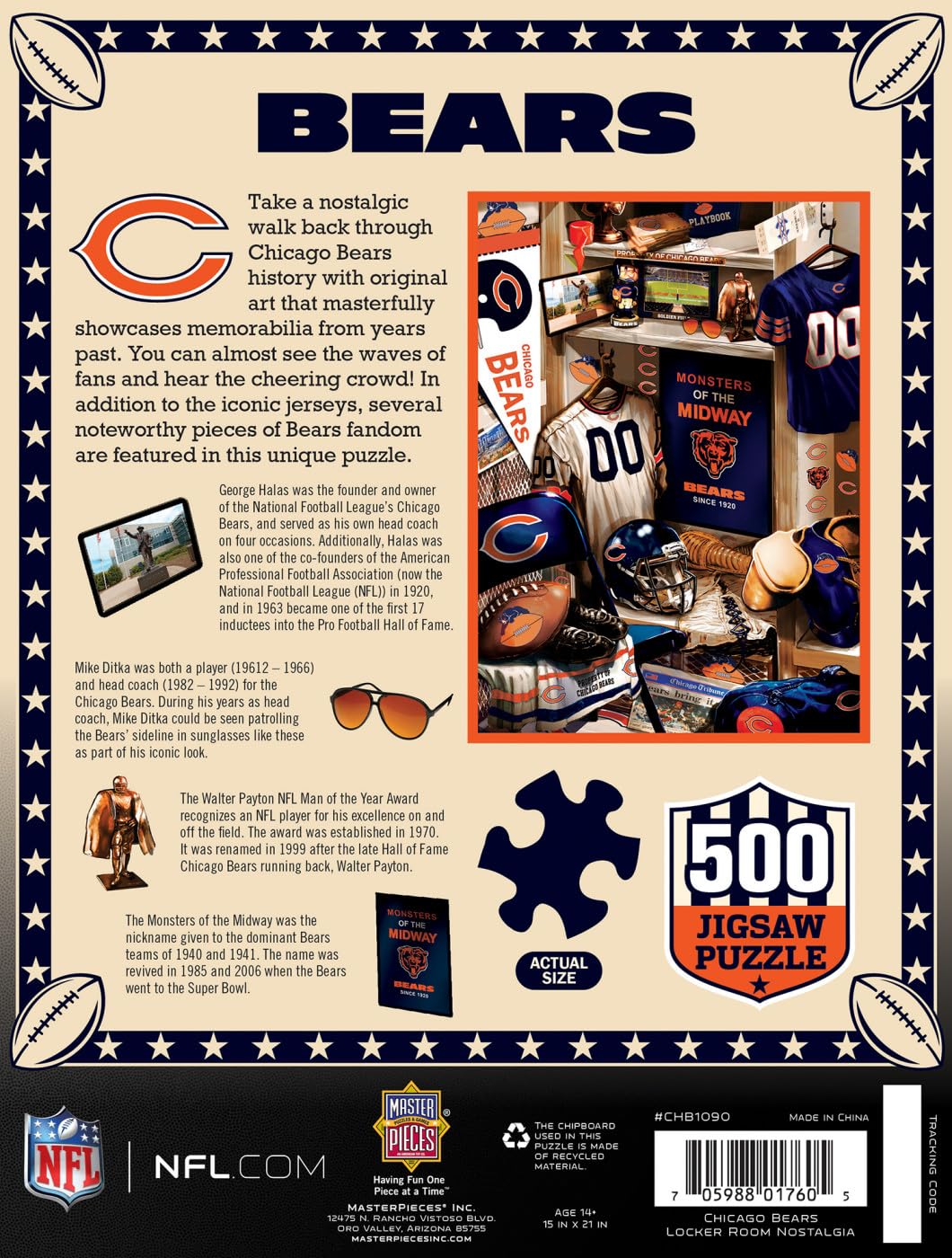 MasterPieces Game Day 500 Piece Jigsaw Puzzle for Adults - NFL Chicago Bears Locker Room - 15"x21" Masterpieces