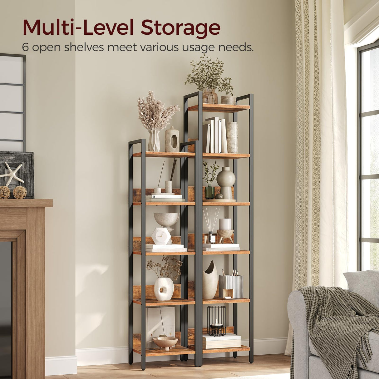 MAHANCRIS Bookshelf, 6-Tier Bookcase, Standing Book Shelf for Small Space, Storage Shelf Organizer, for Living Room, Bedroom, Study, Balcony, Rustic Brown and Black BKHR6601 MAHANCRIS