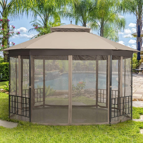 Moccha 10 x 12 Ft Heavy Duty Octagonal Canopy Tent Patio Gazebo with Netting Sidewalls and Sturdy Steel Frame, Double Roof Vented Gazebo Canopy Shelter for Party, BBQ, Backyard, Event, Family, Brown LDAILY