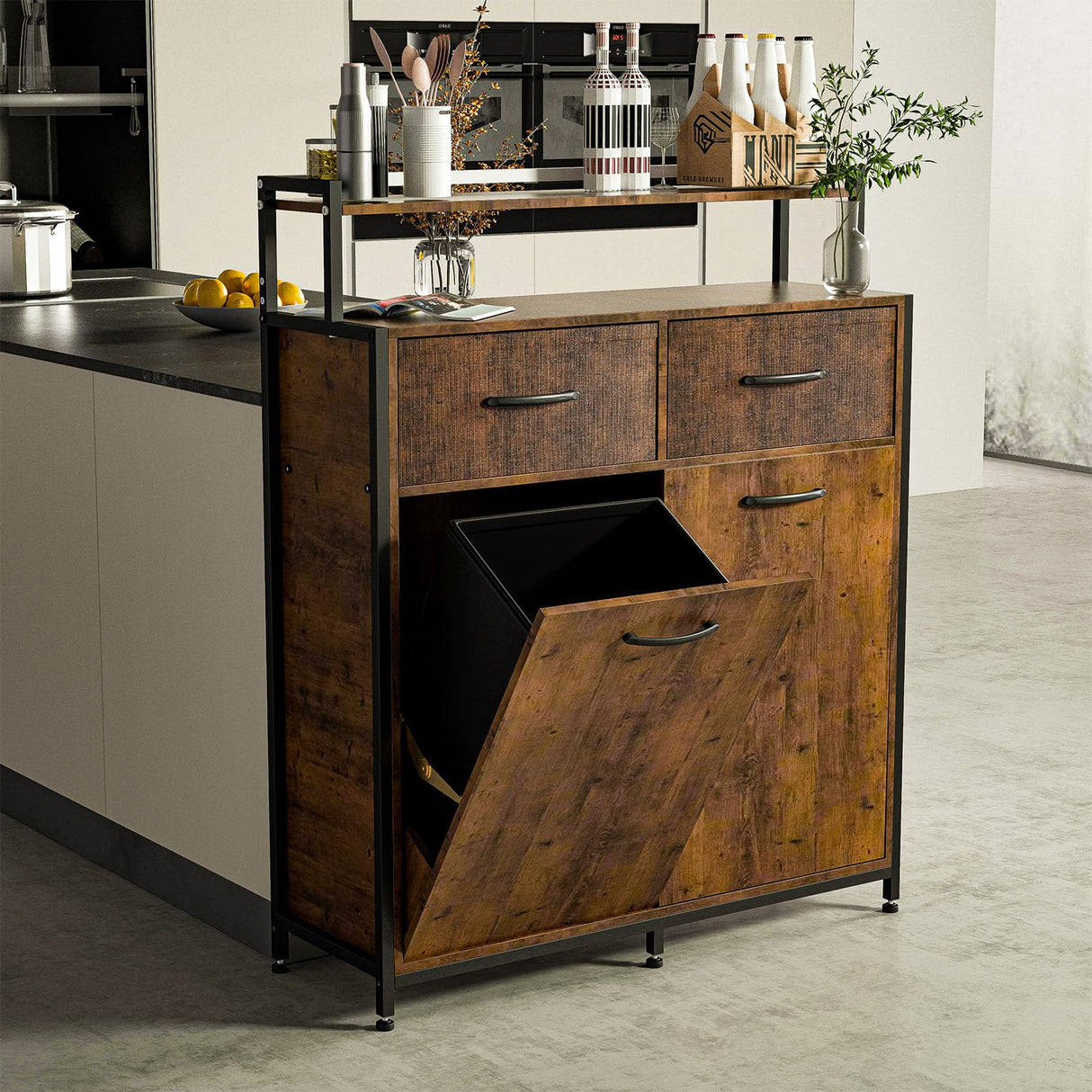 HSSZXFR Dual Tilt Out Trash Cabinet, Hidden Trash Bin Cabinet with 2 Drawers and Shelf, Large Kitchen Trash Bin Cabinet MDF board, Laundry Hamper Cabinet Free Standing Holder 10 Gallon HSSZXFR