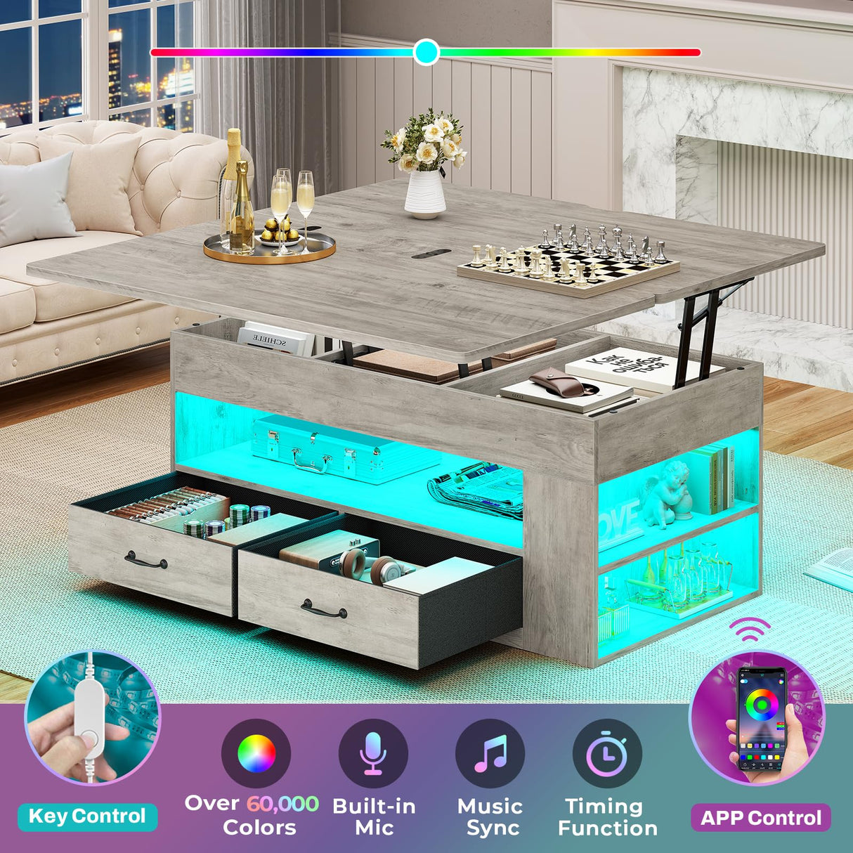 Itaar Lift Top Coffee Table, 4 in 1 Coffee Tables with Storage and Hidden Compartment, Farmhouse Coffee Table with 2 Fabric Drawers & LED Light for Living Room, Grey Oak Itaar