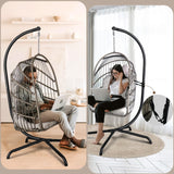 Chihee Egg Chair with Ultra Strong Stand and Cushion Foldable Wicker Rattan Hanging Chair Indoor Outdoor Patio Lounging Chair 330 lbs Capacity Balcony Porch Bedroom Garden Chihee