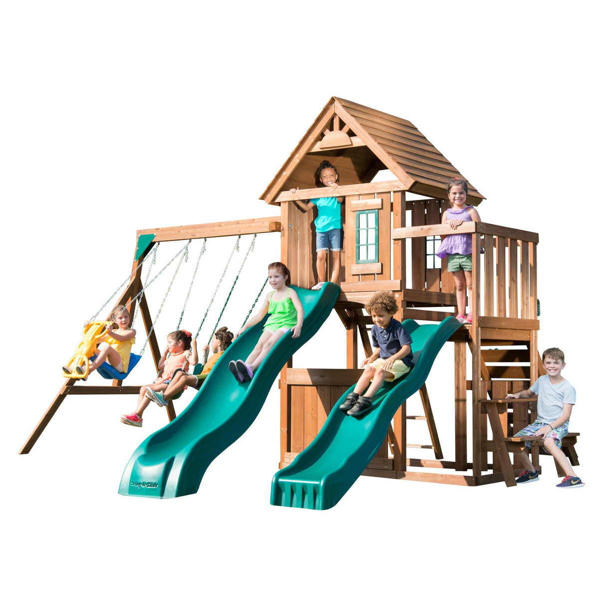 Swing-N-Slide WS 8353 Knightsbridge Deluxe Wooden Swing Set with Two Slides, Climbing Wall, Swings, Glider & Picnic Table, Wood Swing-N-Slide