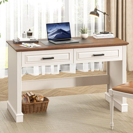 Vabches Farmhouse Executive Desk, 48 Inch Simple Home Office Writing Desk with 2 Drawers, Computer Desk Workstation for Small Spaces, Bedroom Study White Brown Vabches