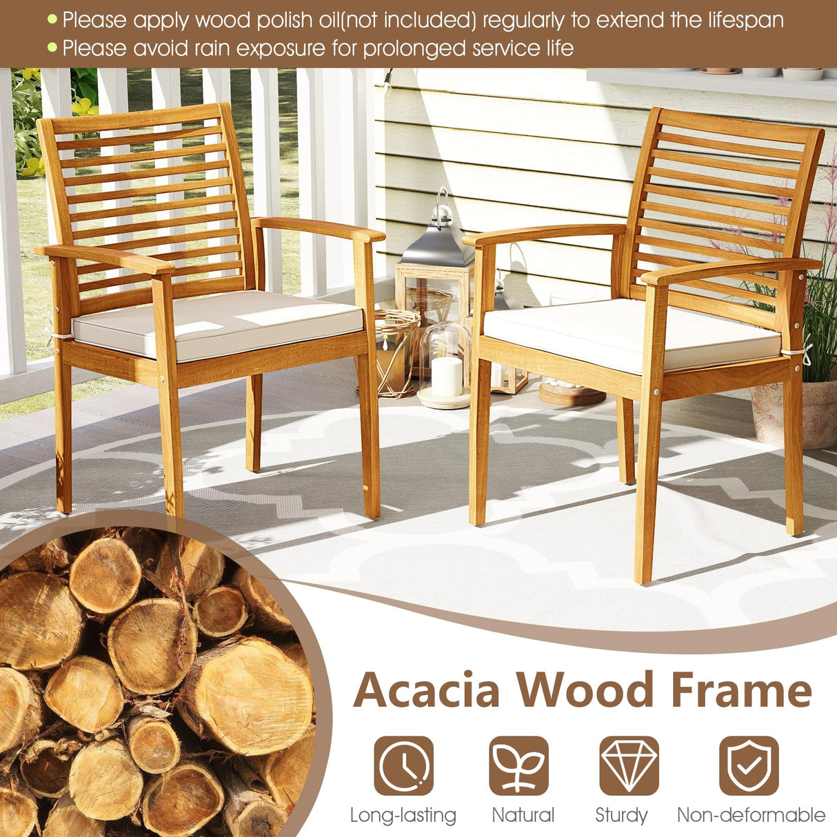 Tangkula 7 Piece Patio Acacia Wood Dining Set for 6, Patio Rectangle Table with Umbrella Hole & 6 Cushioned Armchairs, for Backyard Garden Poolside Deck, Natural Tangkula
