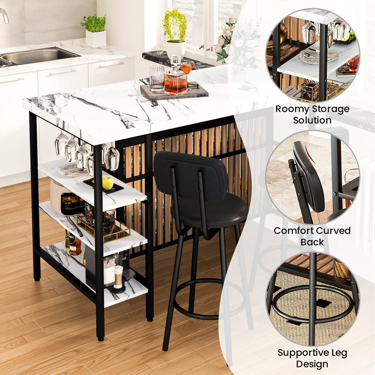Recaceik Kitchen Island with Storage Small Dining Table for 2, Bistro Table and Chairs Set of 2 W/ 5 Shelves with PU Stools (White) Recaceik