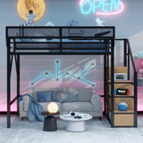 Aurnienofus Queen Size Loft Bed with Stairs and Storage, Metal Loft Bed Frame with Bedside Shelf and Large Under-Bed Space, Heavy-Duty Beds for Adults Teens and Kids, Black Aurnienofus