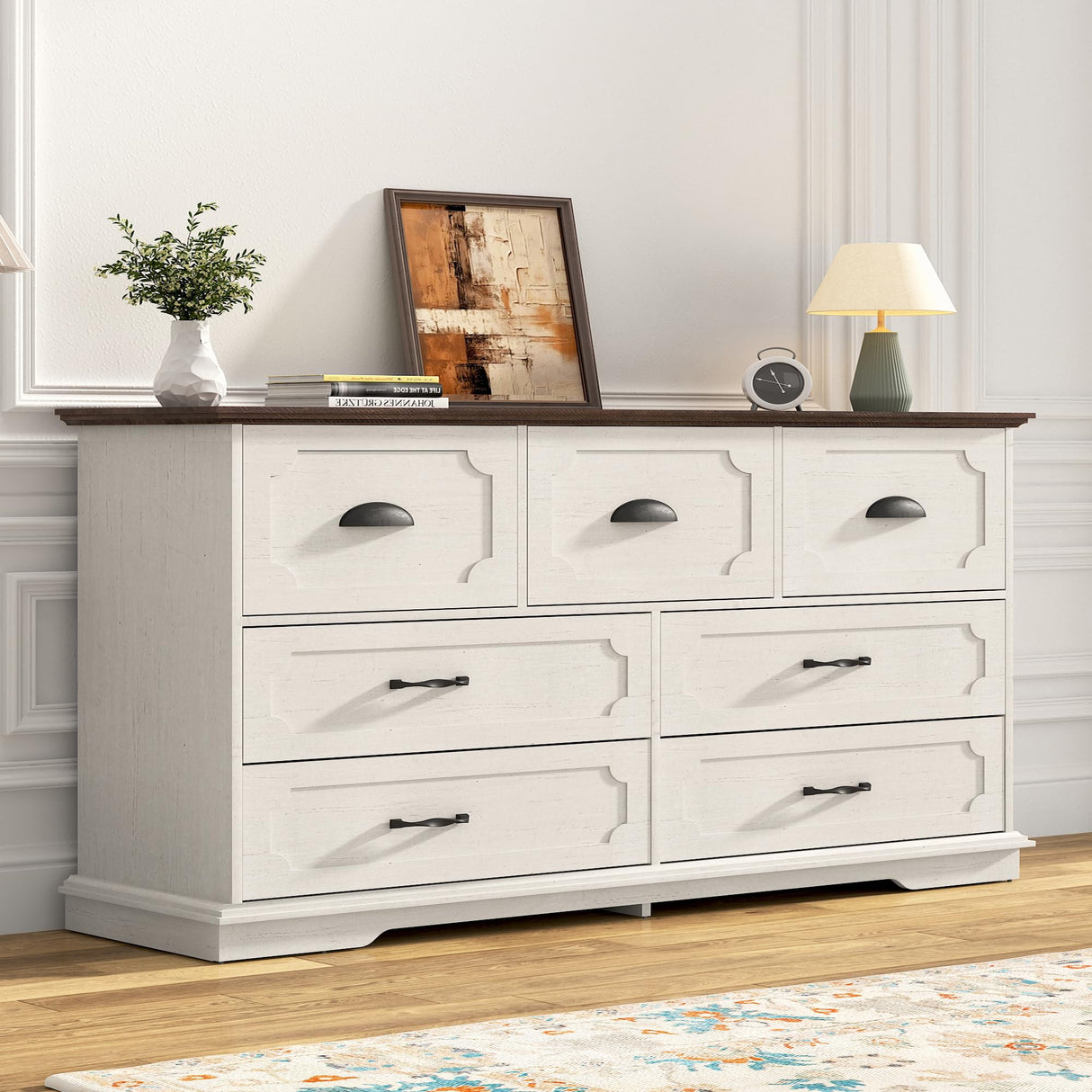 chartustriable 55" Farmhouse 7 Drawers Dresser Chests for Bedroom w/Deep Big Drawers, Tall Wide Wood Country Rustic Chest of Drawers, Storage Dressers for Bedroom, Living Room,Antique White chartustriable